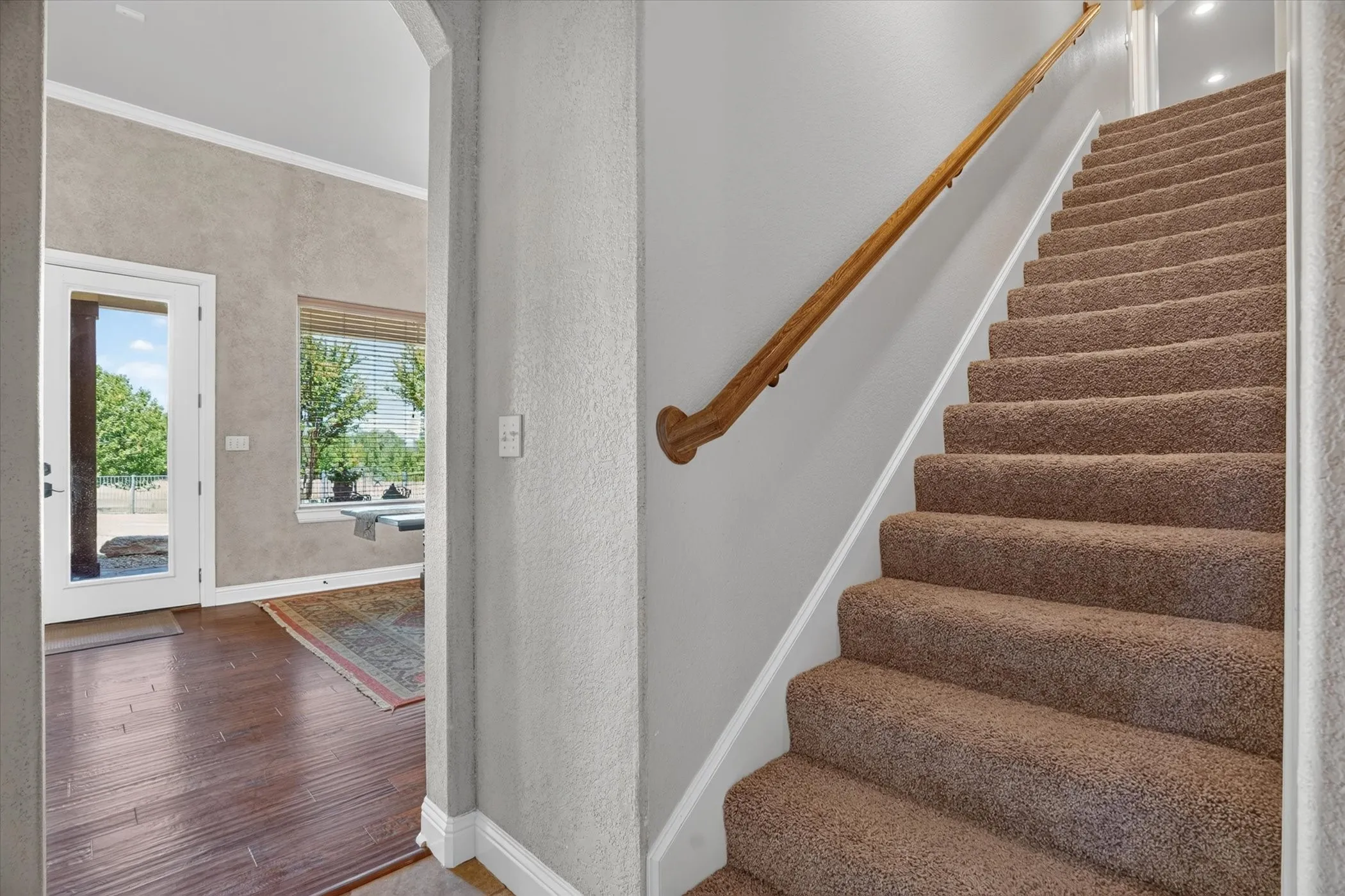 Carpeted staircase with a wood handrail, wood-finish flooring, glass-paned exterior door, and a window with blinds