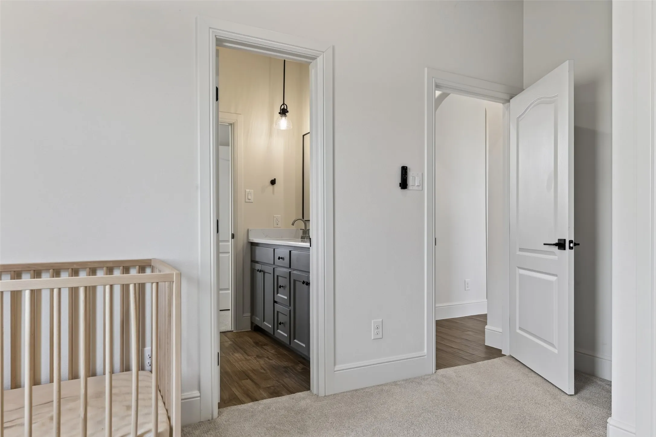White interior walls with white trim, wood-finish flooring, and light-colored carpet