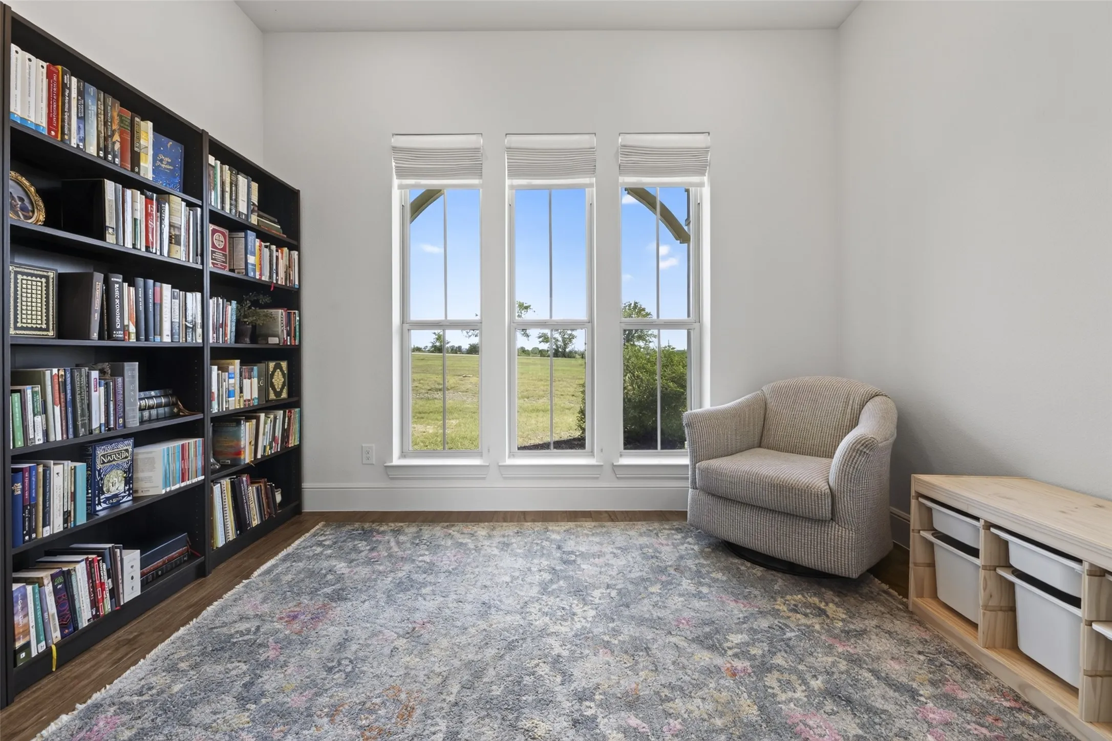 Built-in shelving, wood-finish flooring, and multiple windows