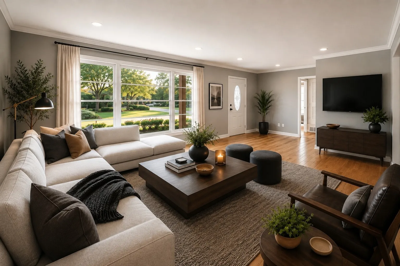 Expansive front-facing windows, wood-finish flooring, recessed lighting, and a white paneled entry door