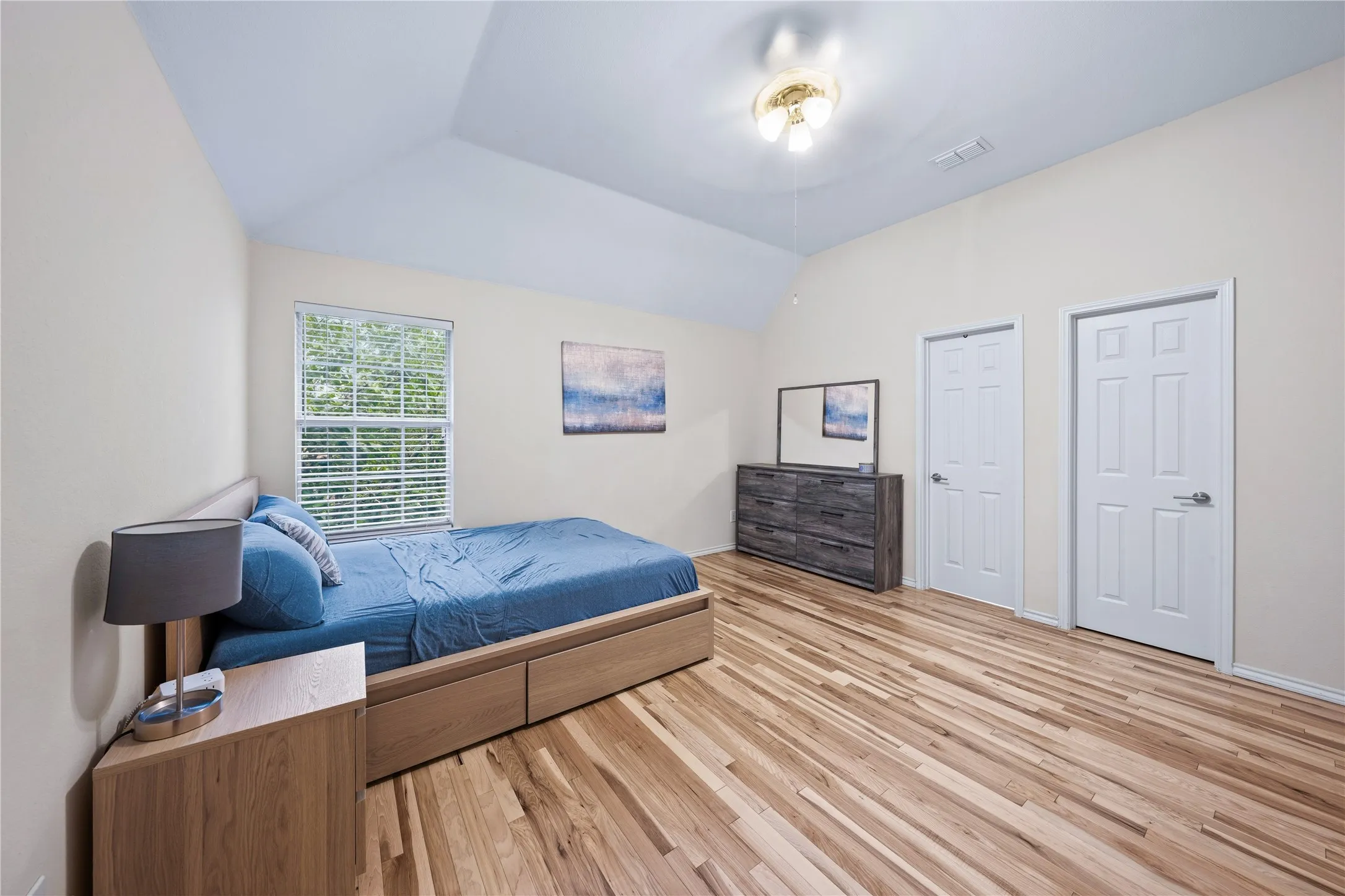 Vaulted ceiling with an attached light fixture, wood-finish flooring, and two paneled interior doors