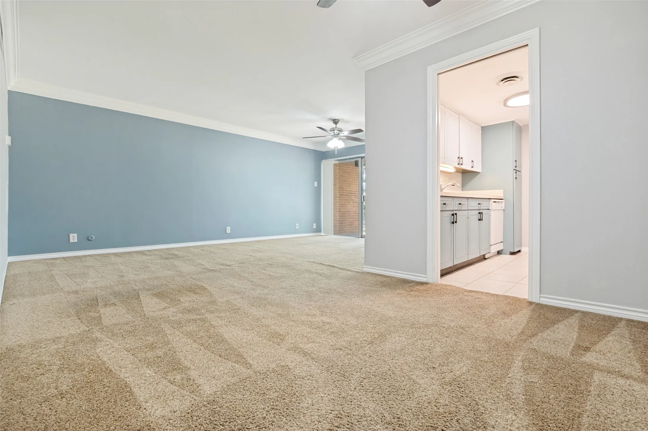 At the top of the stairs you see your living room and the kitchen