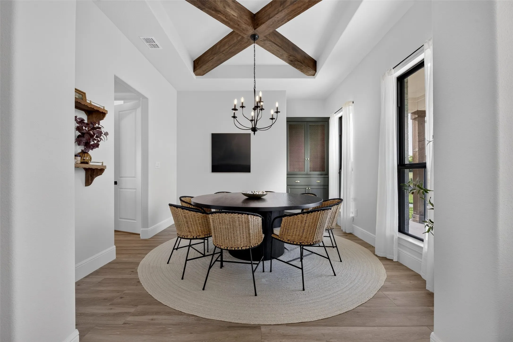 Tray ceiling with exposed wood beams