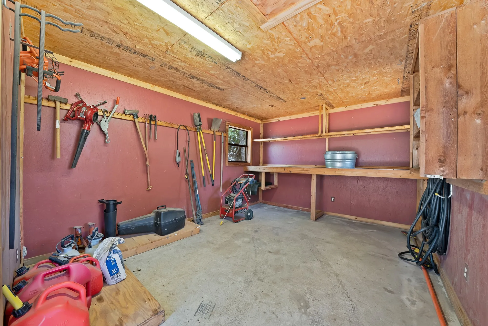 Interior log cabin storage building.