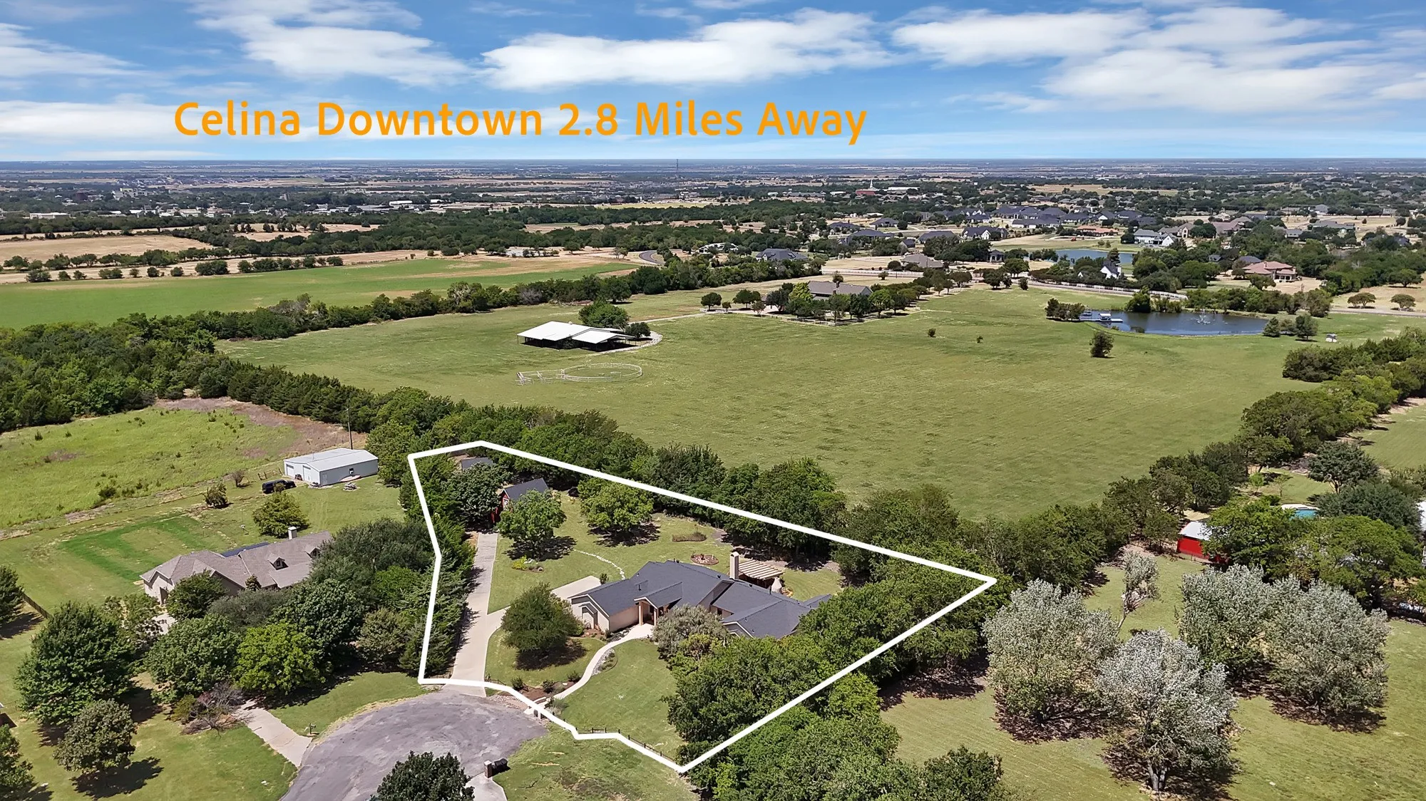 Aerial view of the property looking towards downtown Celina.