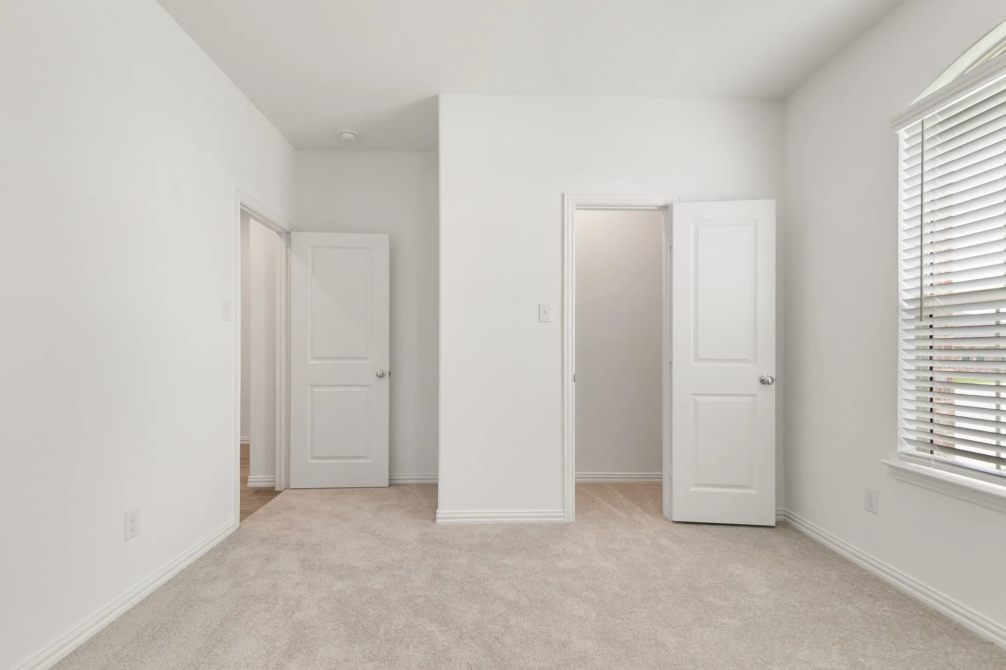 Unfurnished bedroom with light colored carpet, a spacious closet, and a closet