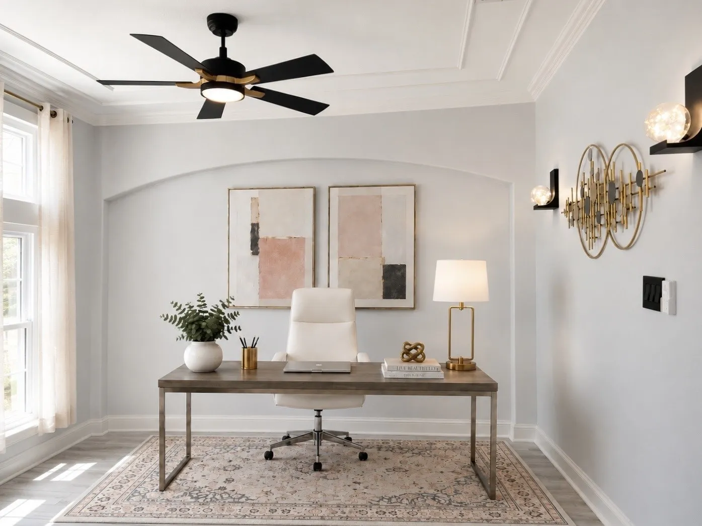 Virtually staged office.  This room could be converted into a bedroom with ensuite bath utilizing the half bath and hallway on adjoining wall.