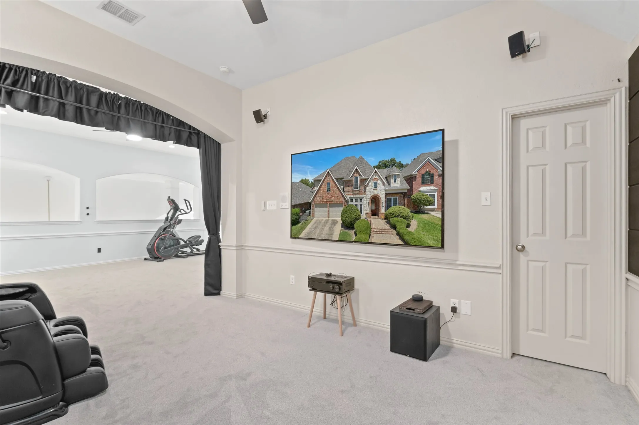 Media room features a walk in closet great for storing media equipment, movies, games and more.  Seller is open to closing in the wall to create the 5th bedroom.