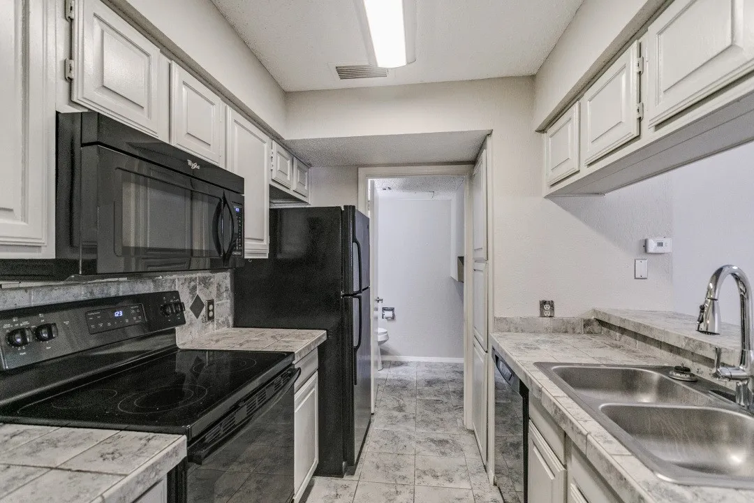 Kitchen featuring paneled cabinetry, black appliance suite, dual basin stainless steel sink, and patterned countertops