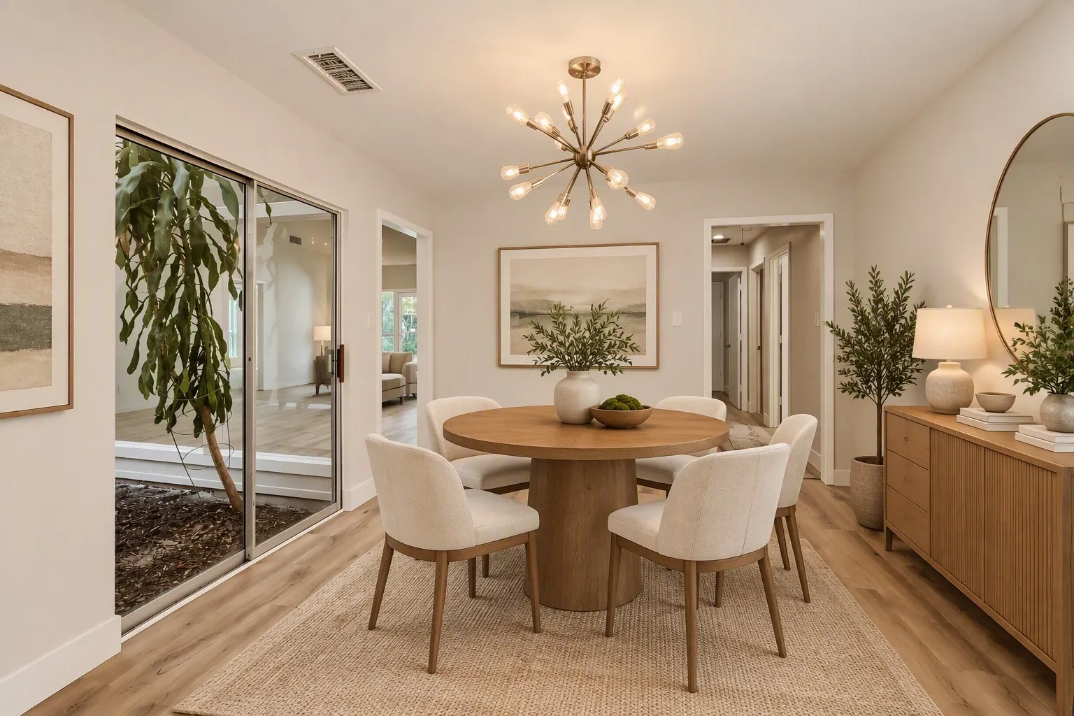 Dining space featuring wood-finish flooring, a contemporary chandelier, and a built-in sliding glass door