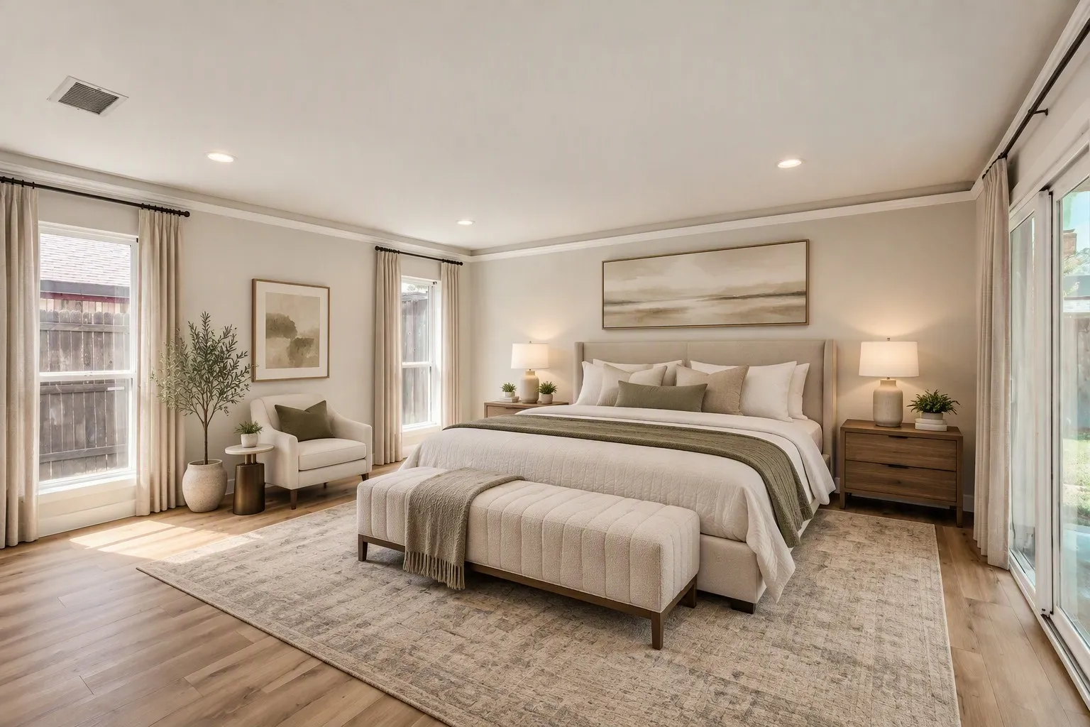 Recessed lighting, wood-finish flooring, and crown molding