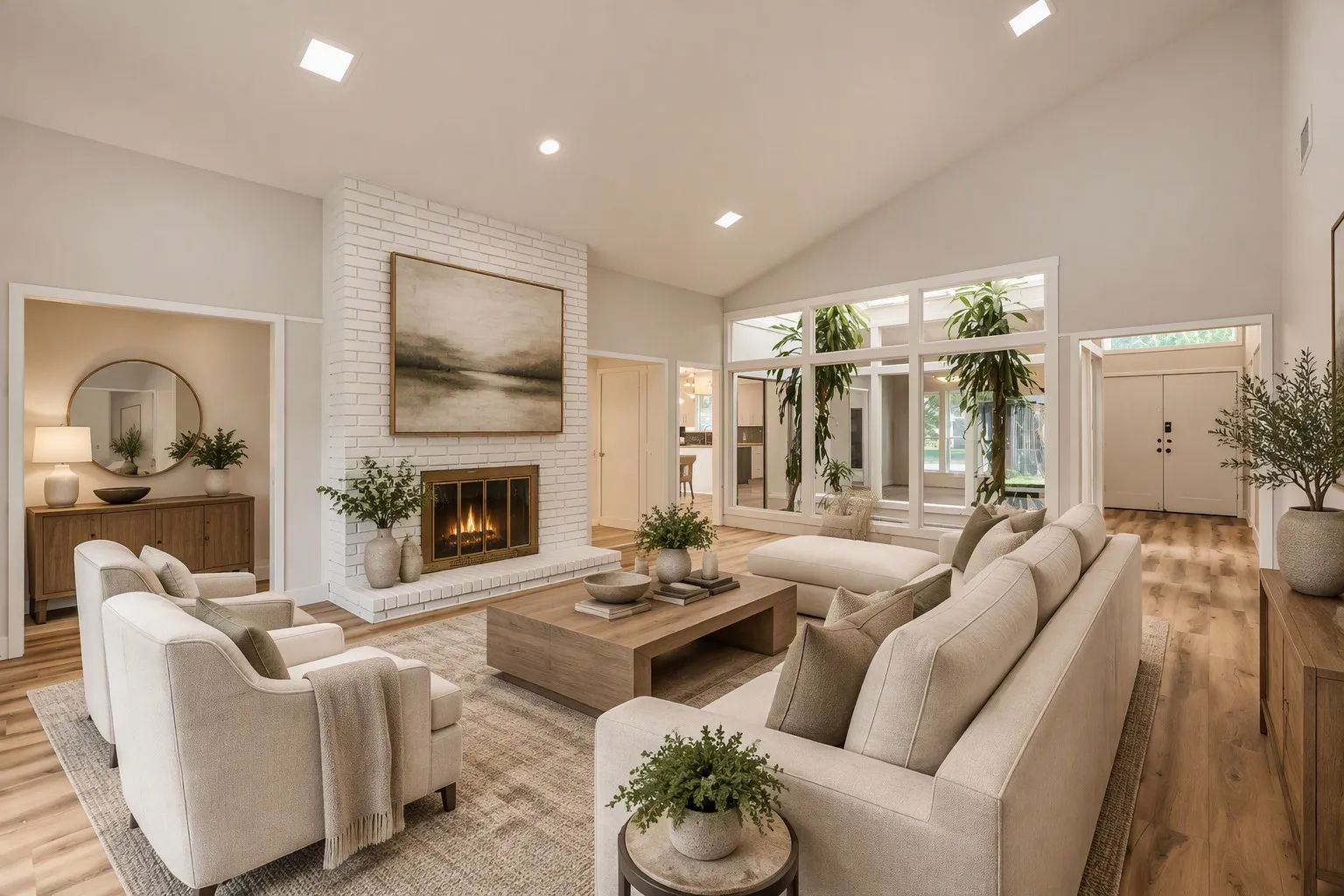 Vaulted ceiling with recessed lighting, brick fireplace with a hearth, wood-finish flooring, and large window panels