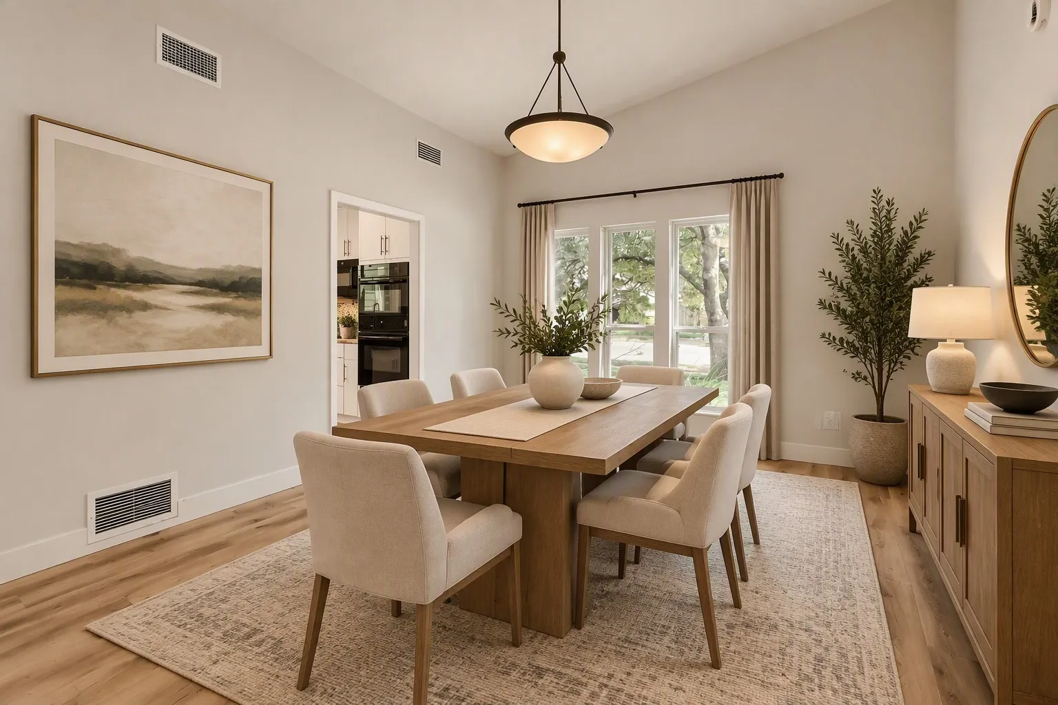 Vaulted ceiling with a pendant light fixture, wood-finish flooring, and large windows