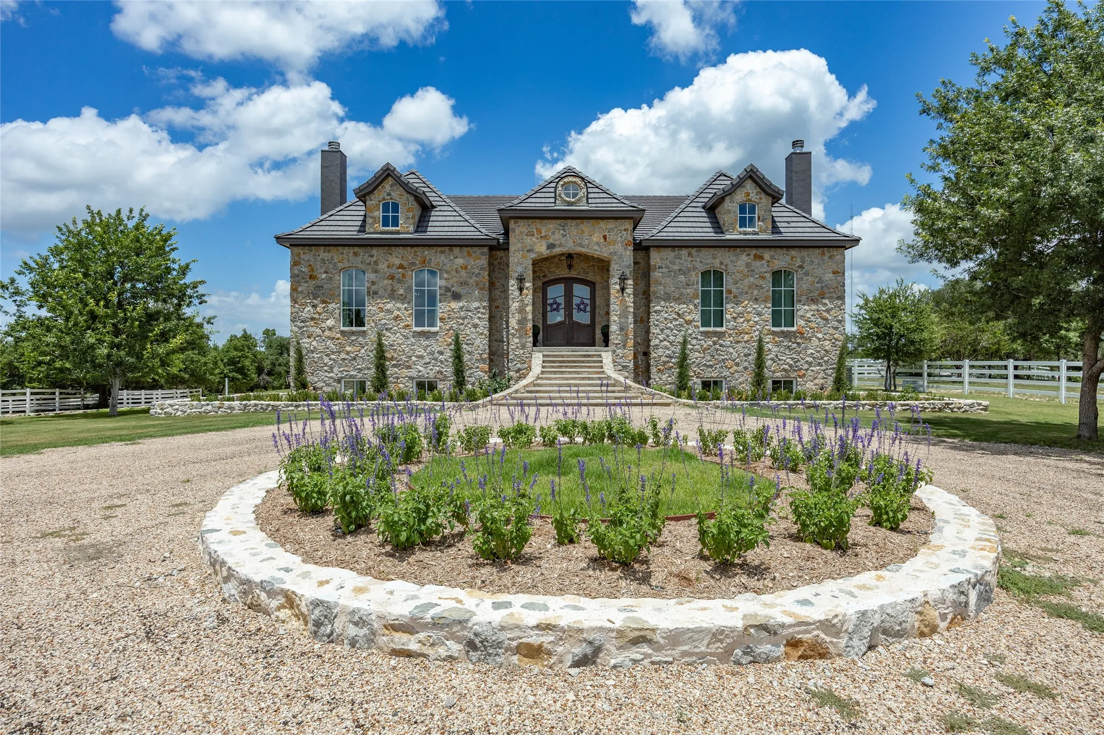 Stone veneer exterior with a multi-gabled roof and dormer windows
