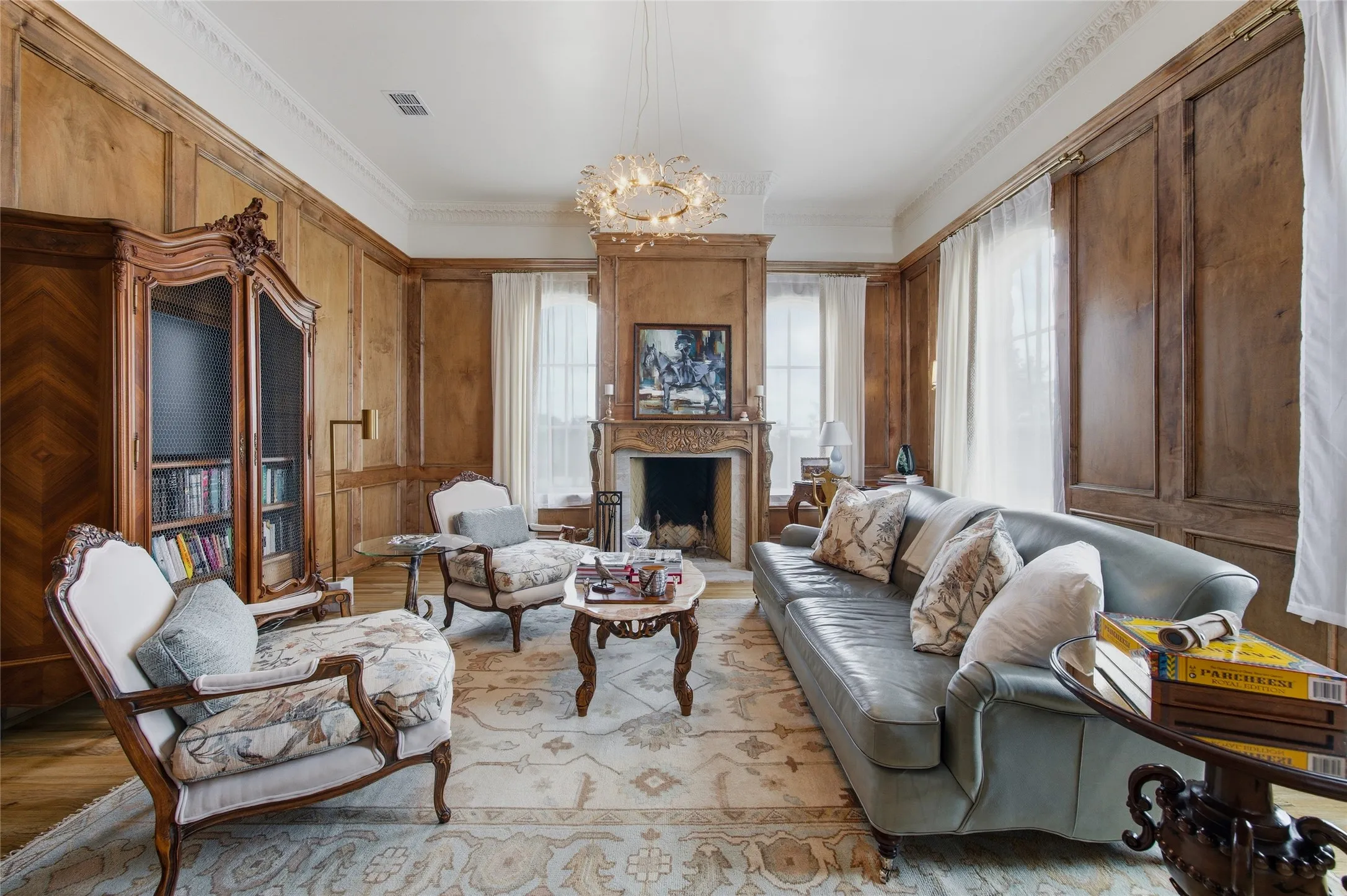 Wood-paneled walls with decorative molding