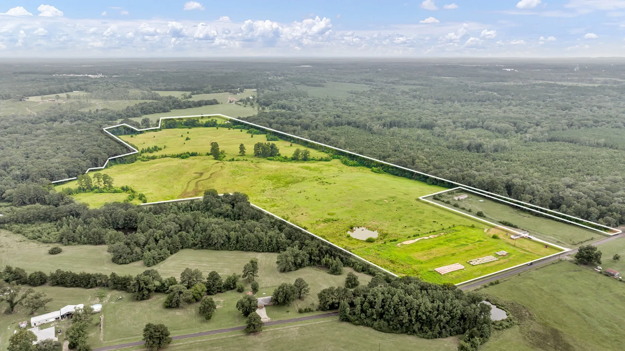 Expansive acreage featuring open fields, wooded sections, and a visible pond
