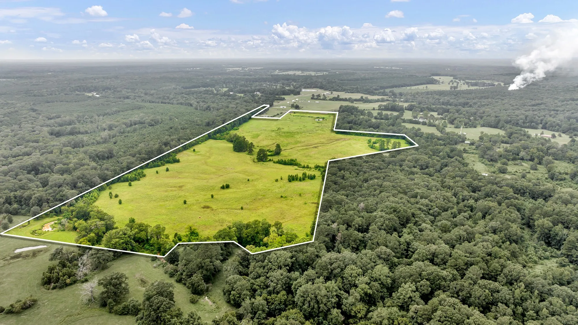 Expansive acreage featuring a substantial cleared field, natural tree lines, and a visible pond