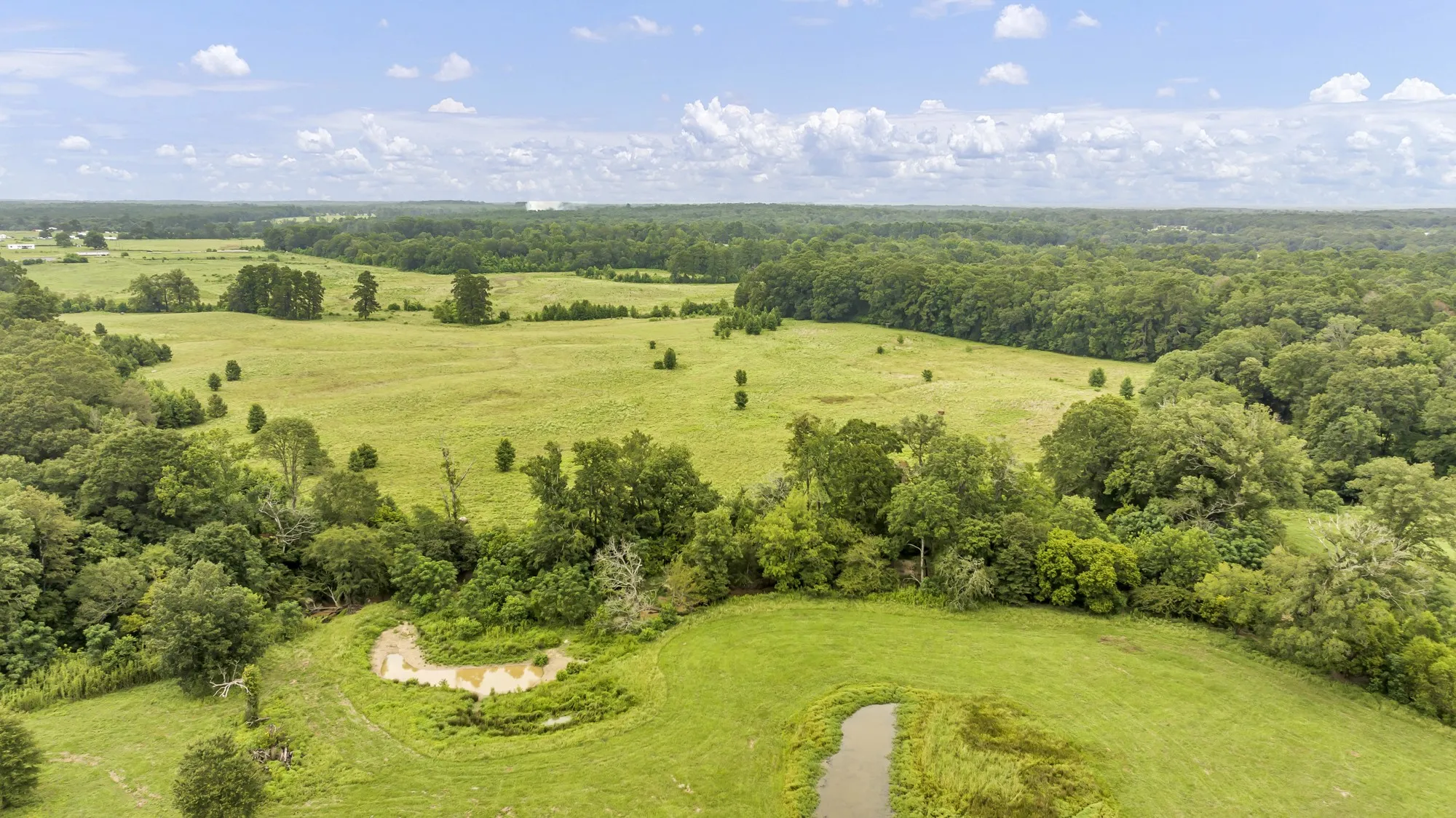 Expansive natural landscape featuring open fields, mature trees, and a visible pond