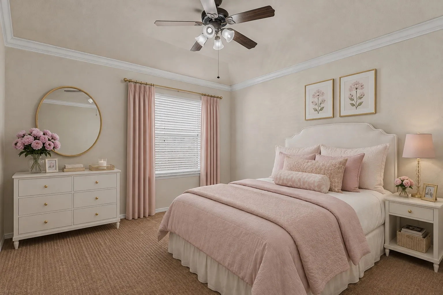 Tray ceiling with crown molding, ceiling fan with light fixture, window with blinds, carpeted flooring, and a white upholstered headboard