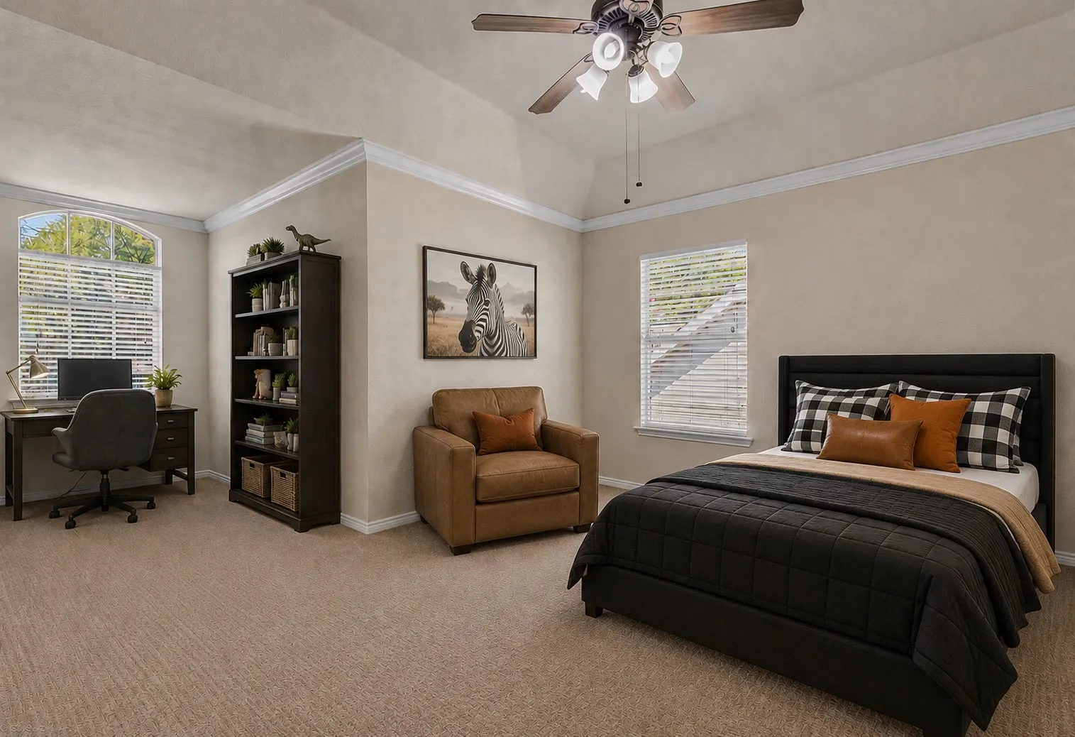 Vaulted ceiling with crown molding, ceiling fan with integrated lighting, arched window, and carpet flooring