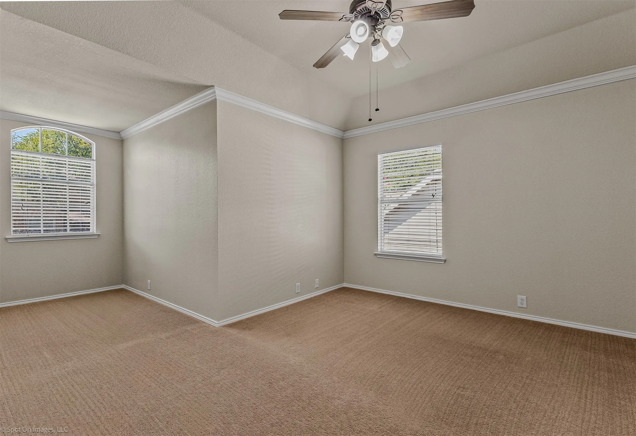 Vaulted ceiling with crown molding, ceiling fan with light fixture, two windows, and neutral wall paint