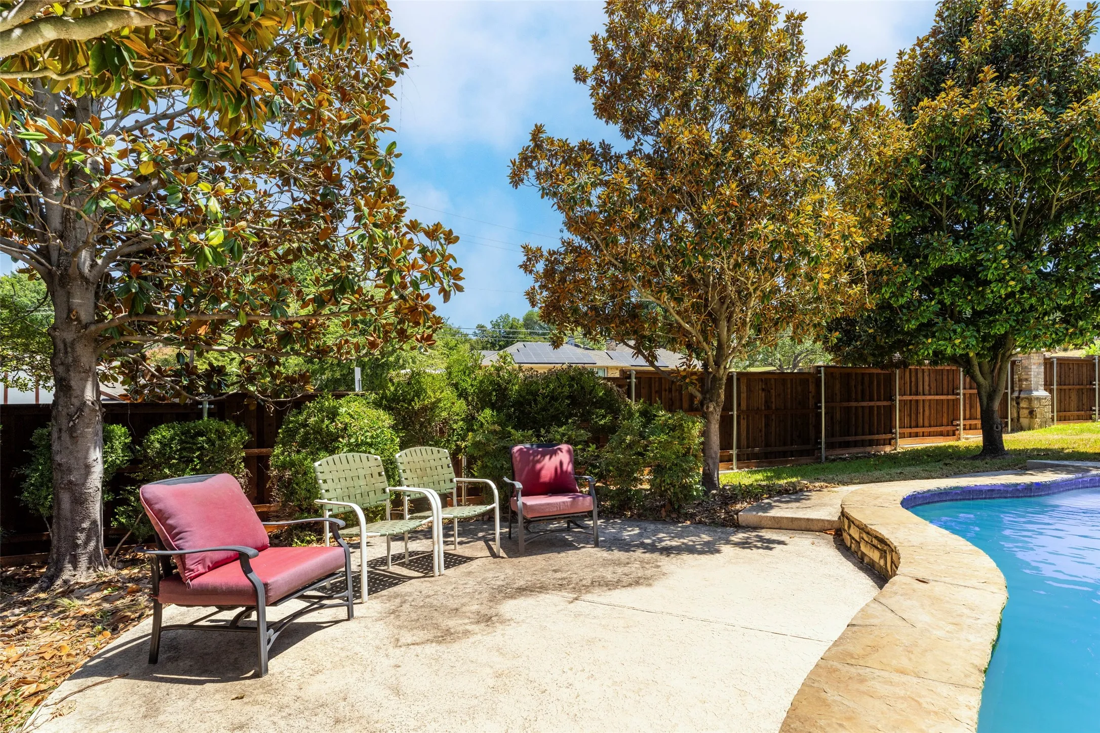 Curved swimming pool with stone coping, concrete patio, mature trees, and privacy fencing