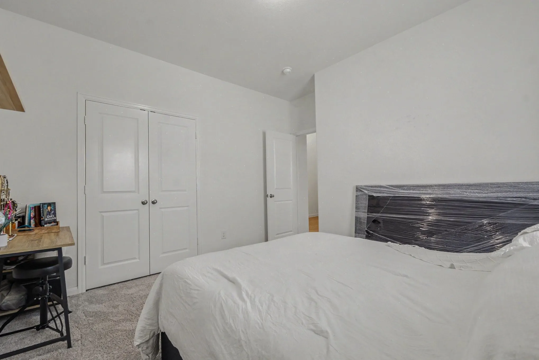 White walls, carpeted flooring, and a flush-mount ceiling light