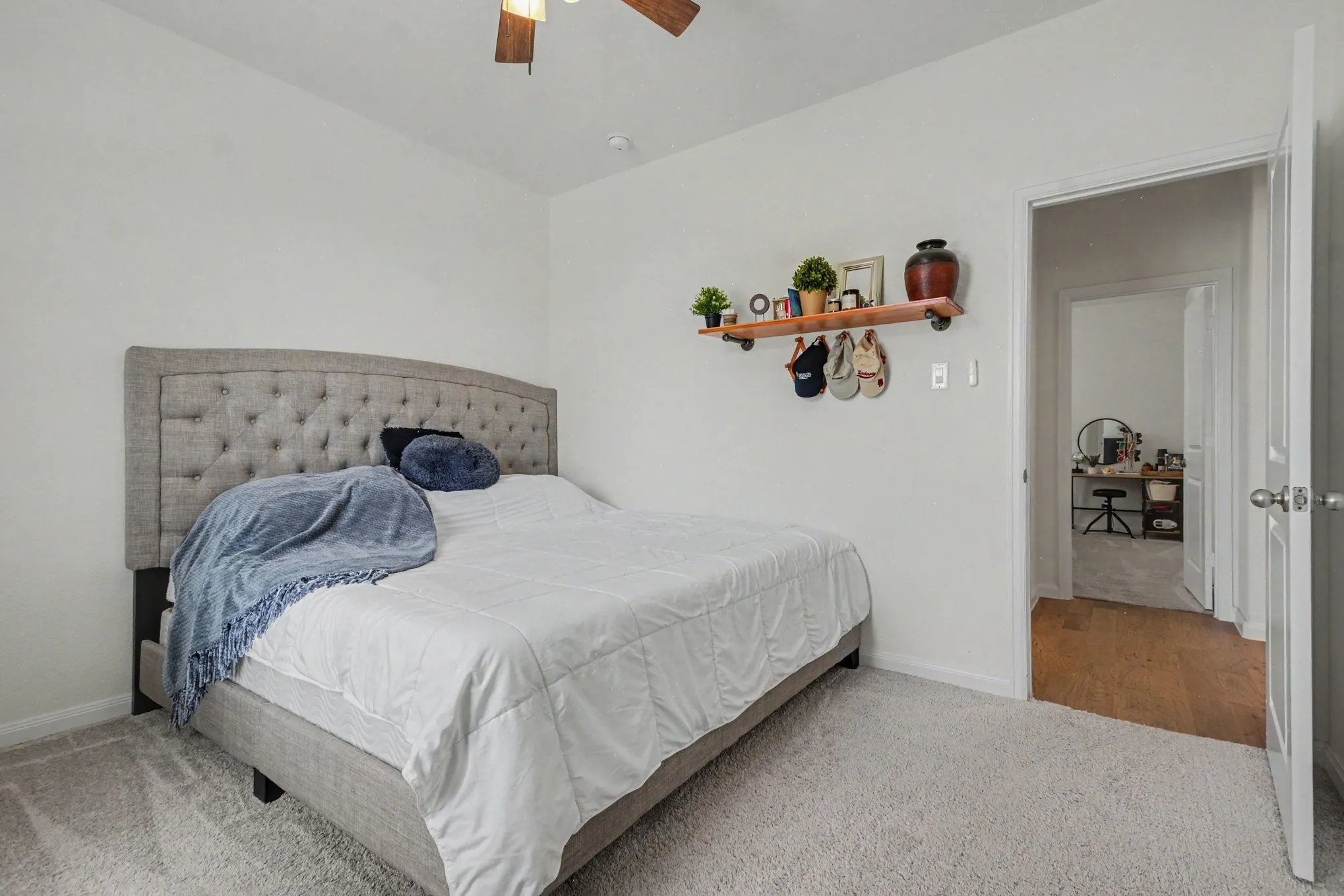Plush carpeting, recessed lighting, and a ceiling fan with light fixture