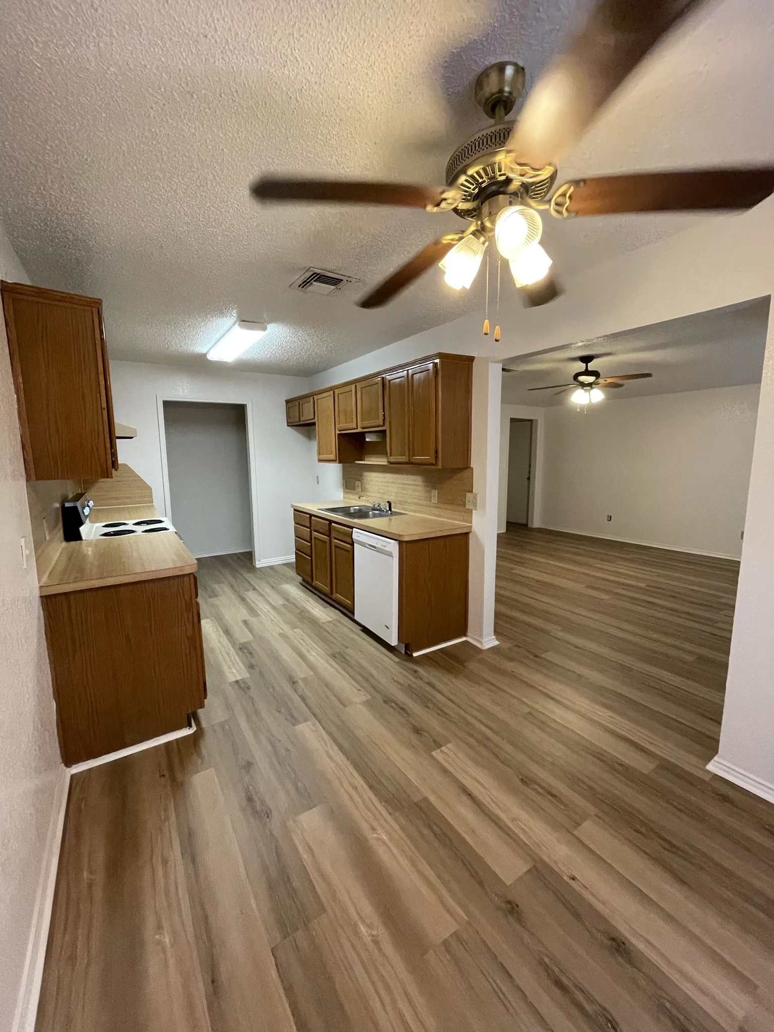 Wood-finish flooring throughout, wood cabinetry, light-toned countertops, and a ceiling fan with integrated lighting