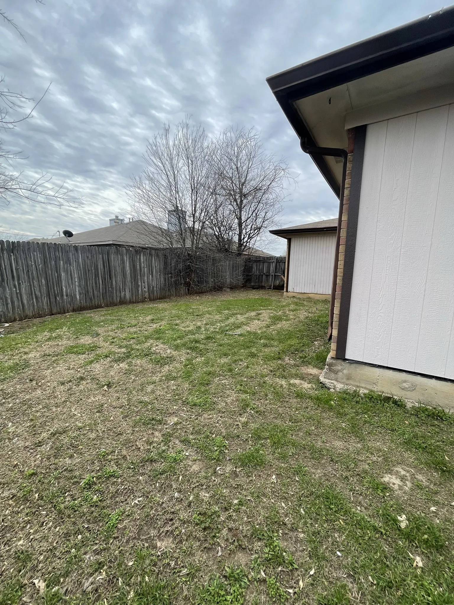 Backyard area featuring a wood fence, established trees, and an exterior building with siding