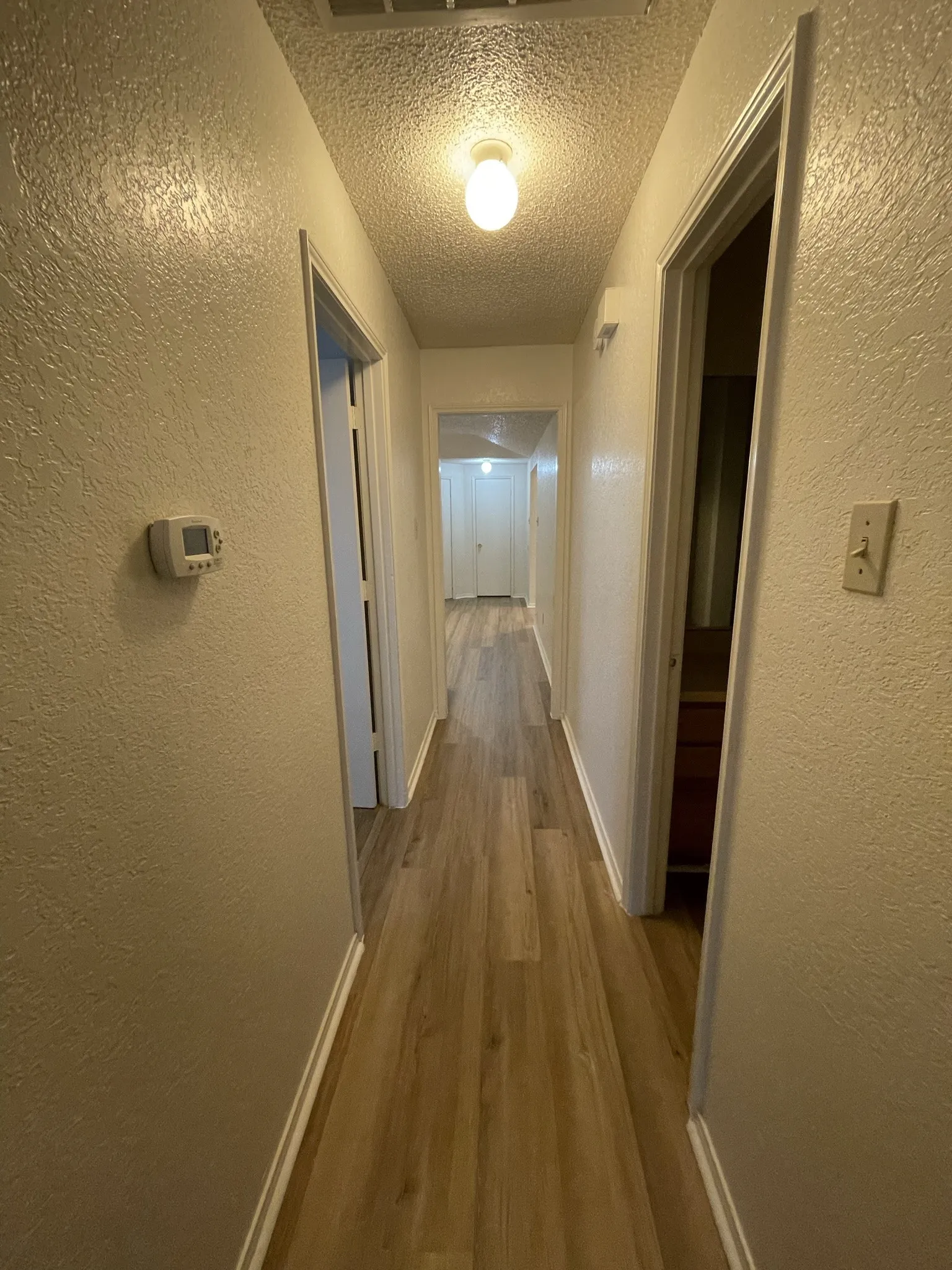 Wood-finish flooring throughout the hallway