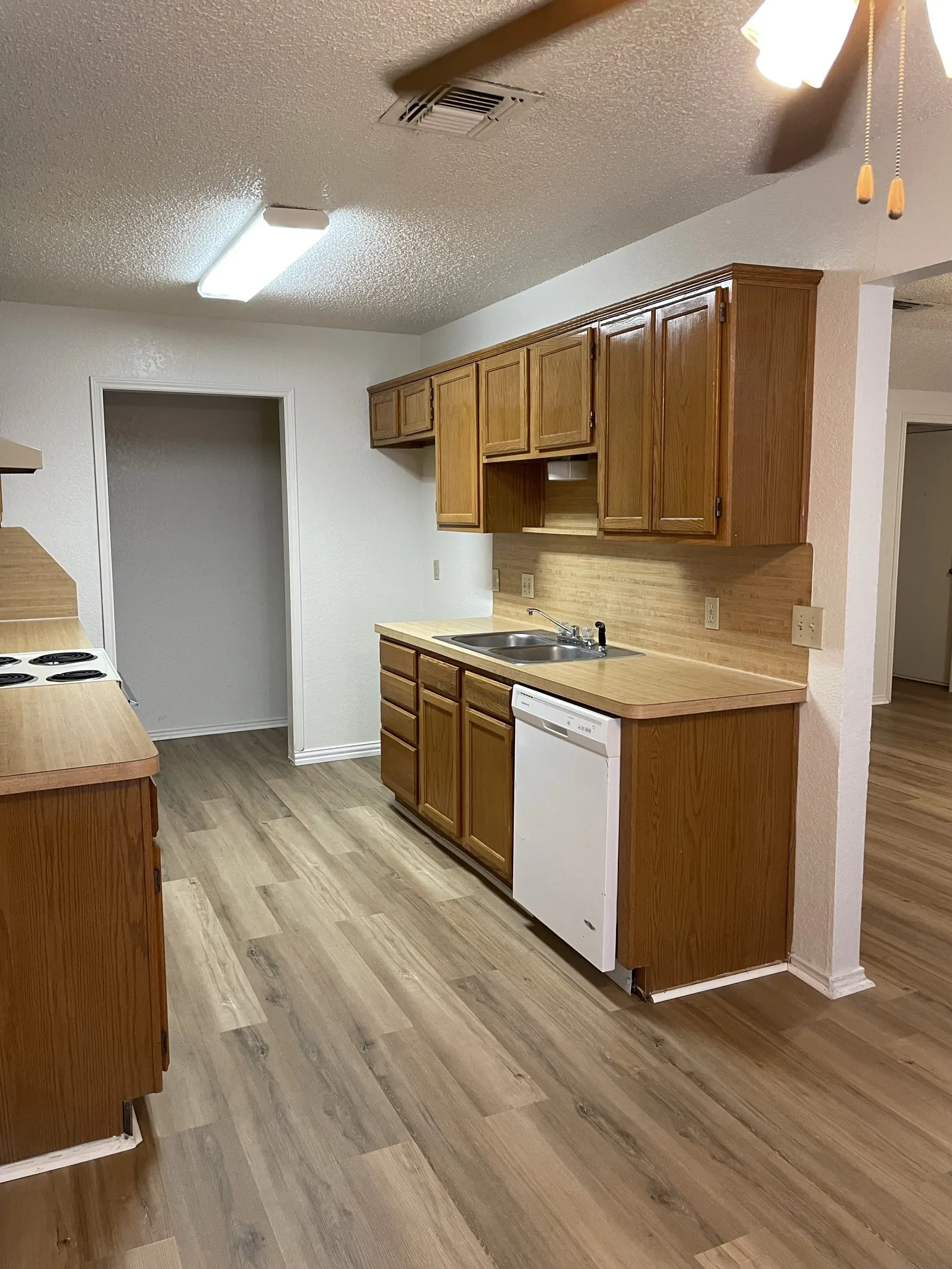Wood-finish flooring, wood cabinetry, built-in dishwasher, and a double basin sink