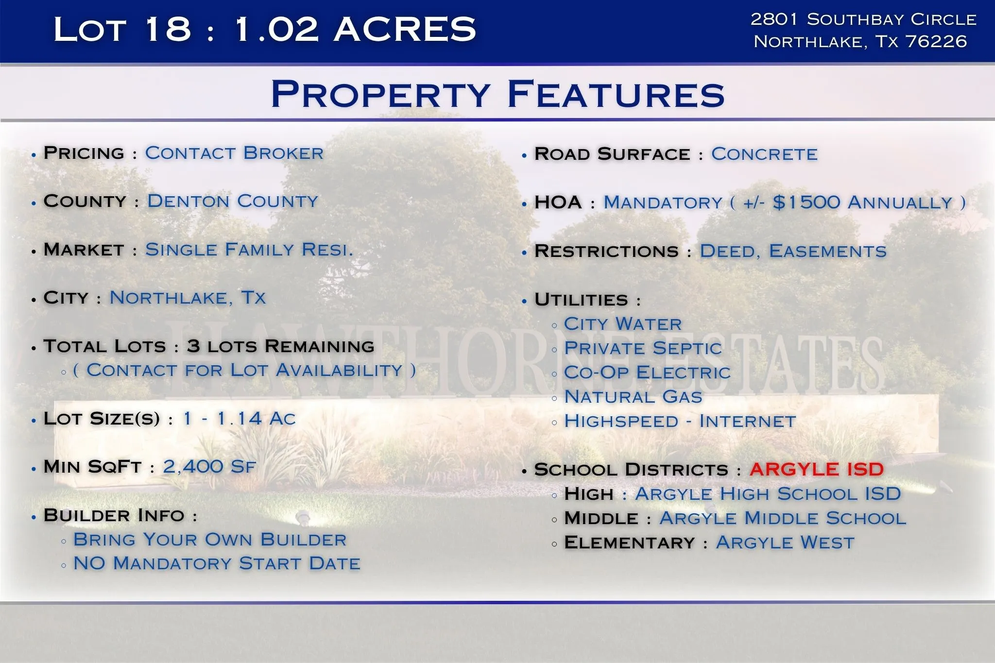 Hawthorne Estates is a New 1 acre lot Residential Community