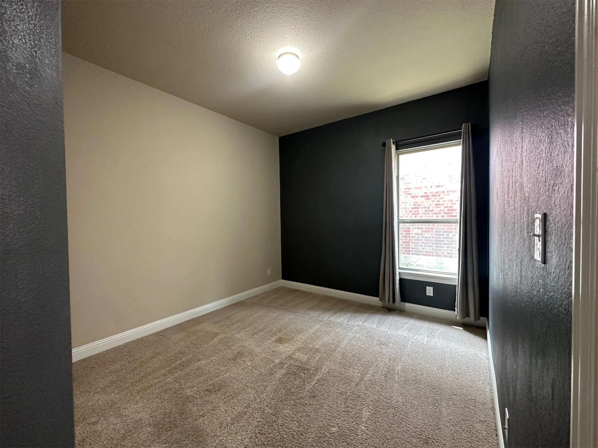 Carpeted room featuring a single window with curtains, a ceiling light fixture, and contrasting wall colors