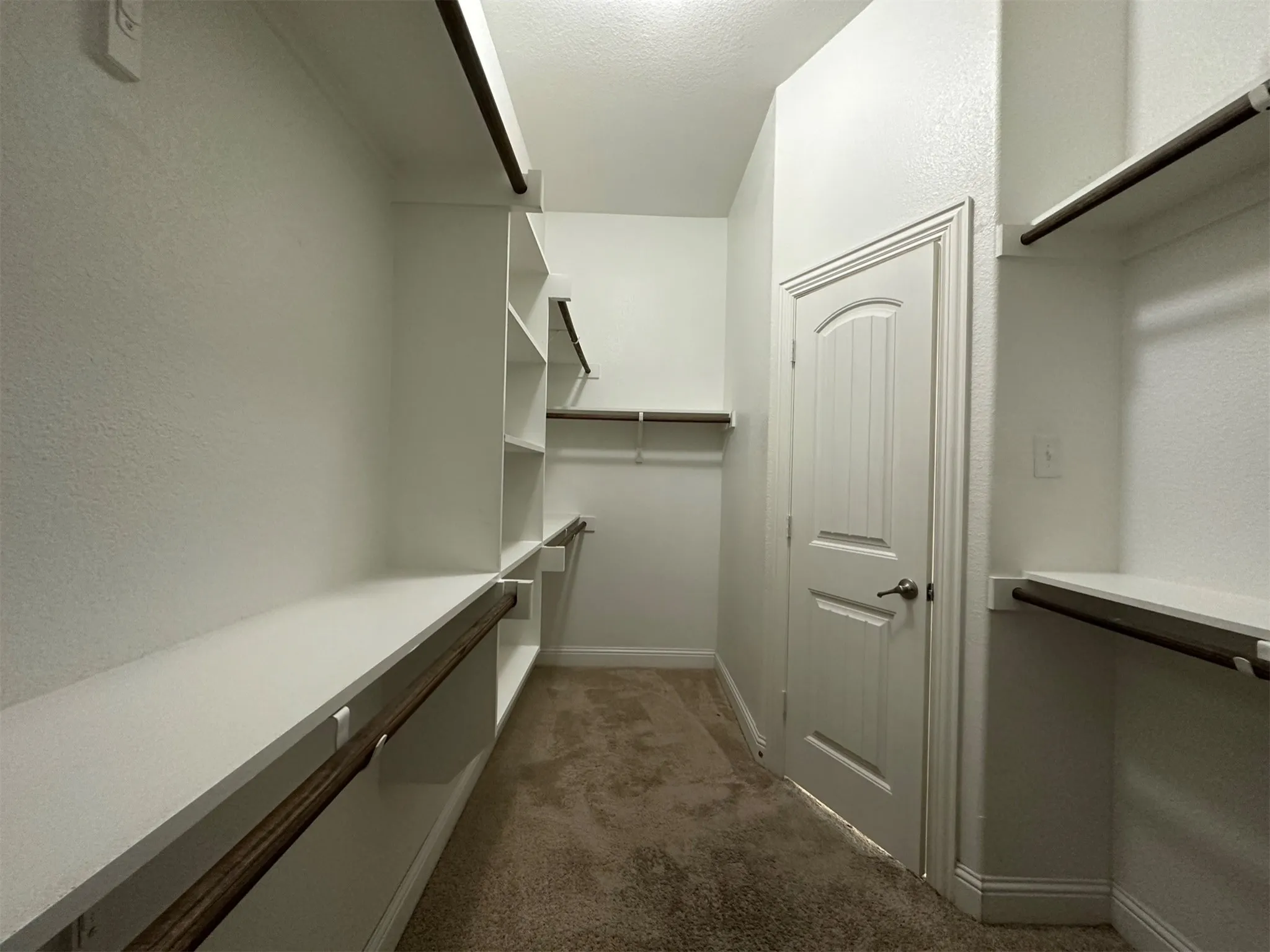 Spacious walk-in closet featuring built-in shelving, multiple hanging rods, durable carpeting, and a panel-style door