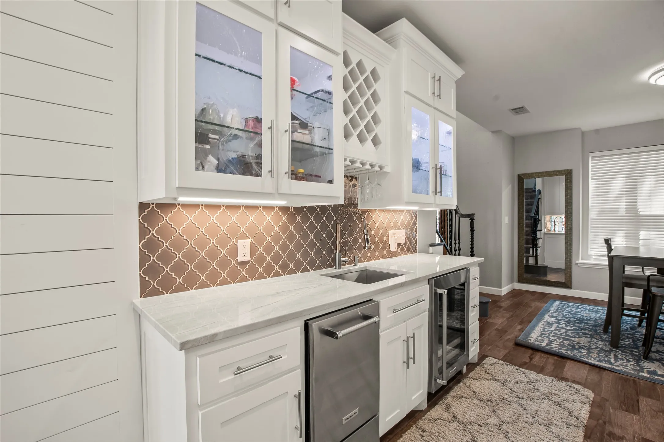 Wet bar with wine beverage refrigerator and ice machine