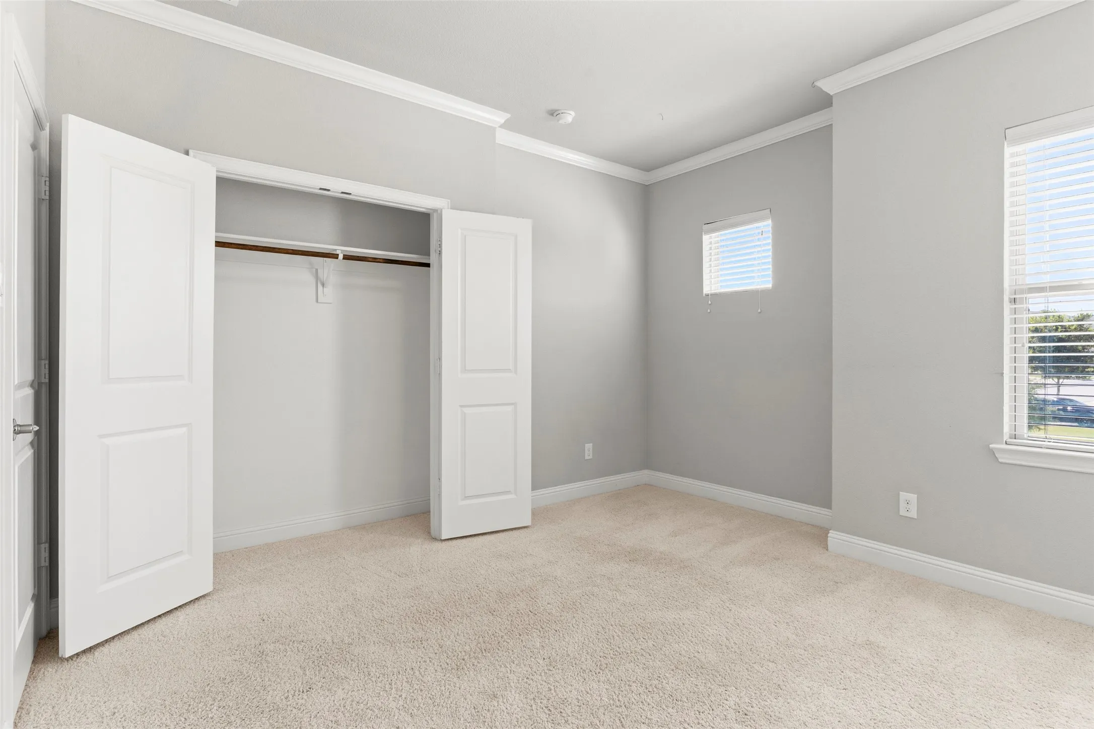 Plush carpet flooring, light gray wall finishes, white crown molding, white trim, and a built-in closet with double doors