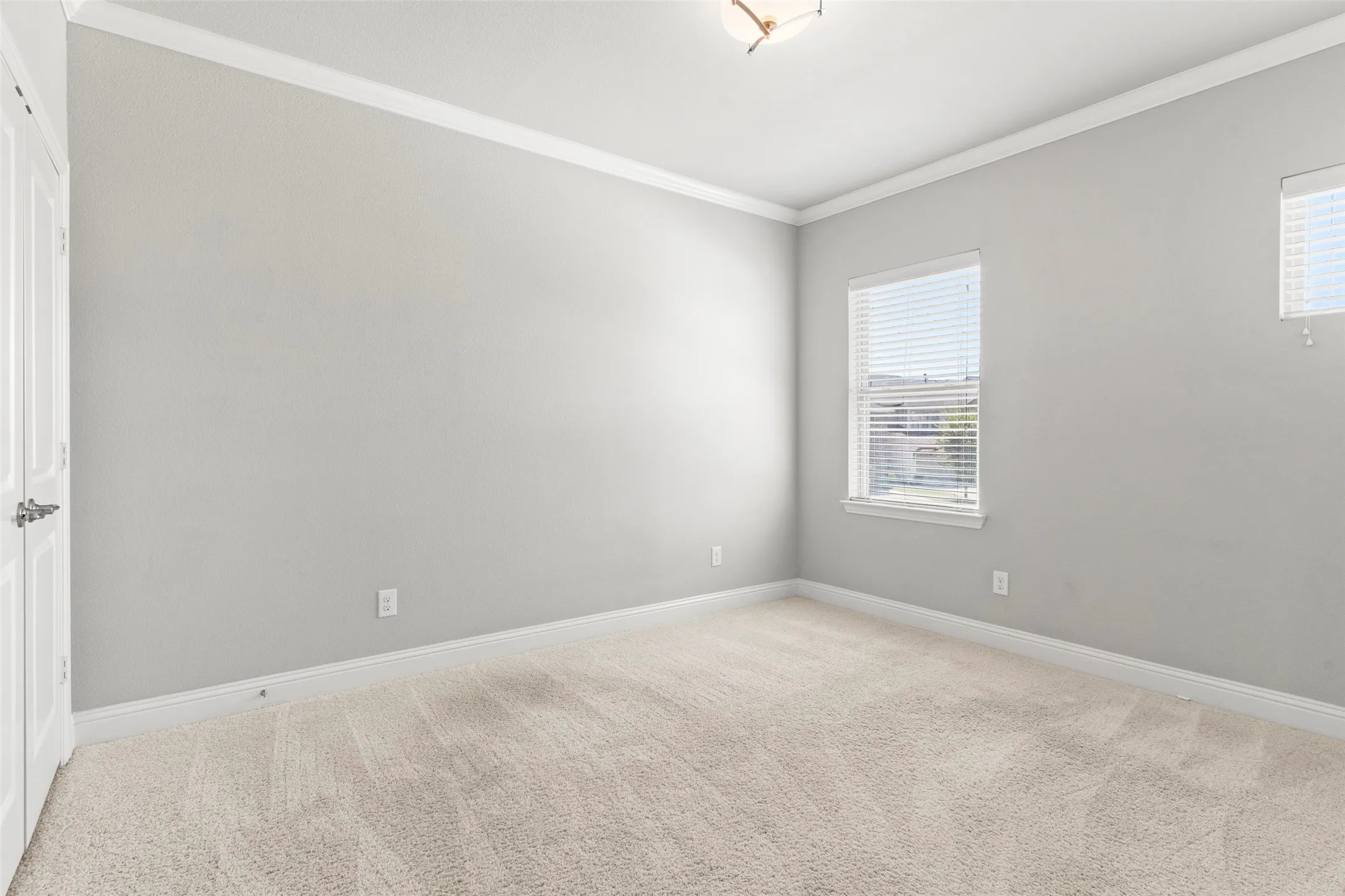 Bright, light-filled bedroom showcasing neutral gray walls, abundant natural light from dual windows, neutral carpet flooring, and white trim throughout