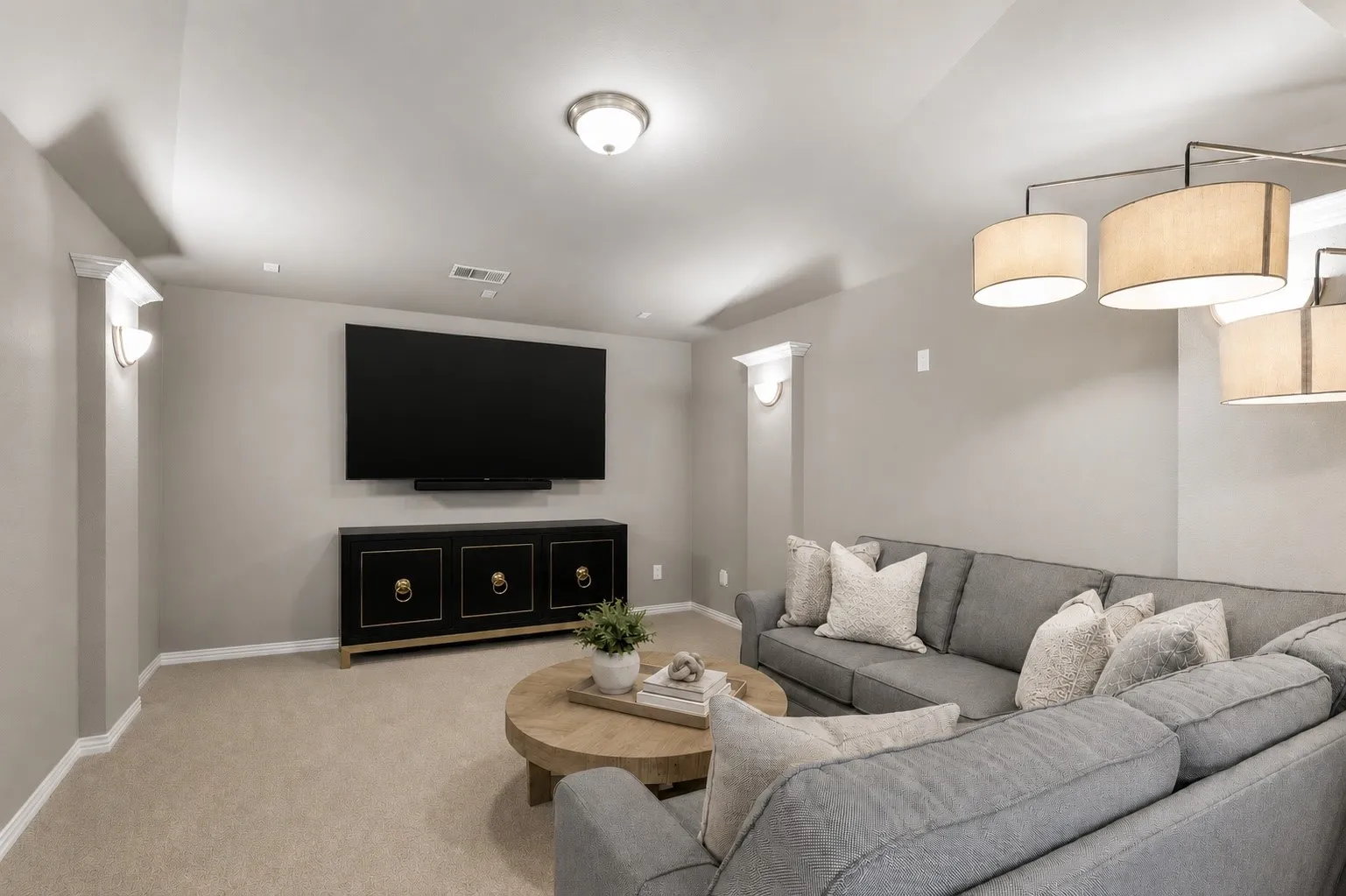 Media Room Featuring Theater Lighting And Surround Sound Wiring