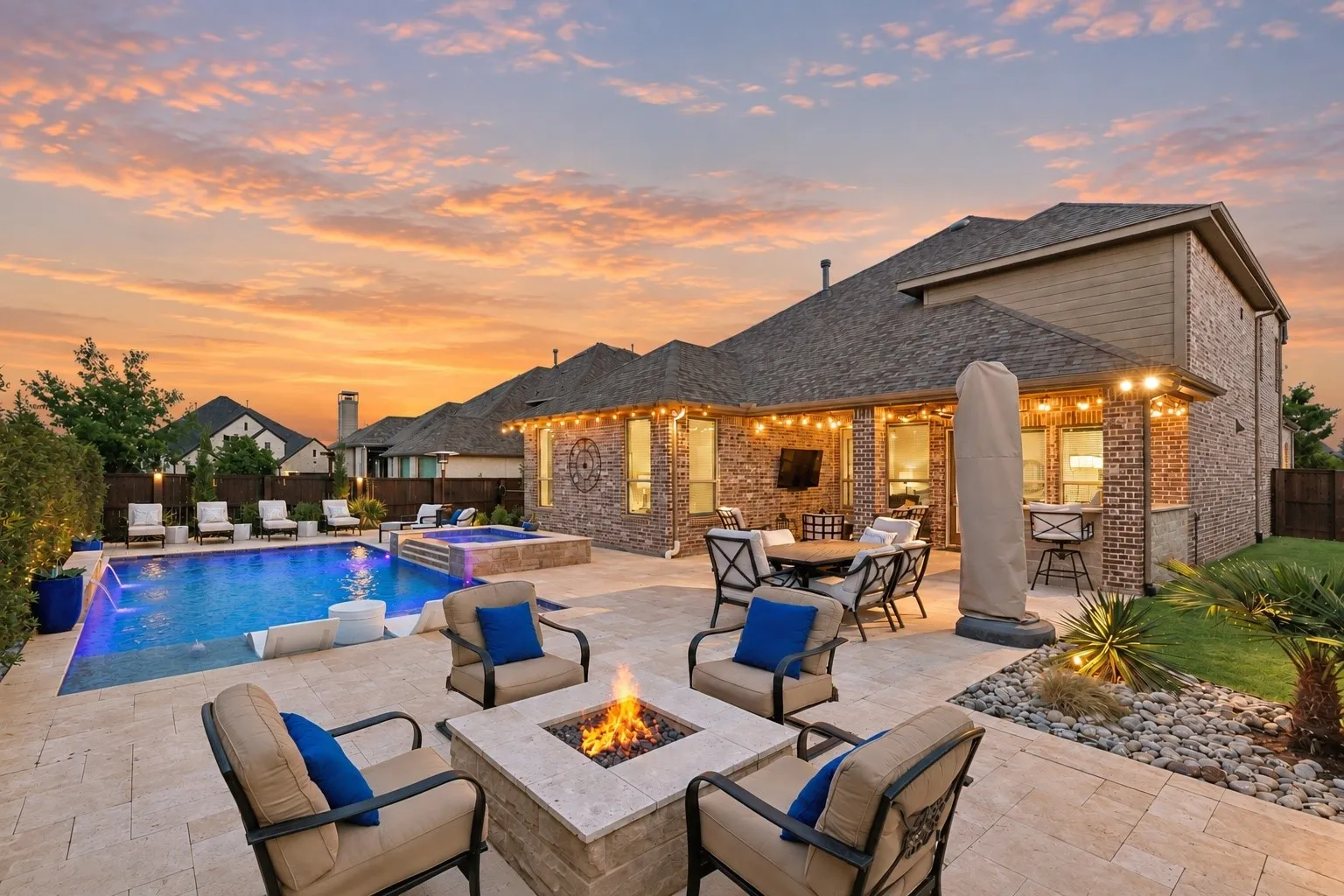 Entertainer’s Backyard With Pool, Spa, Water Features, And Travertine Decking