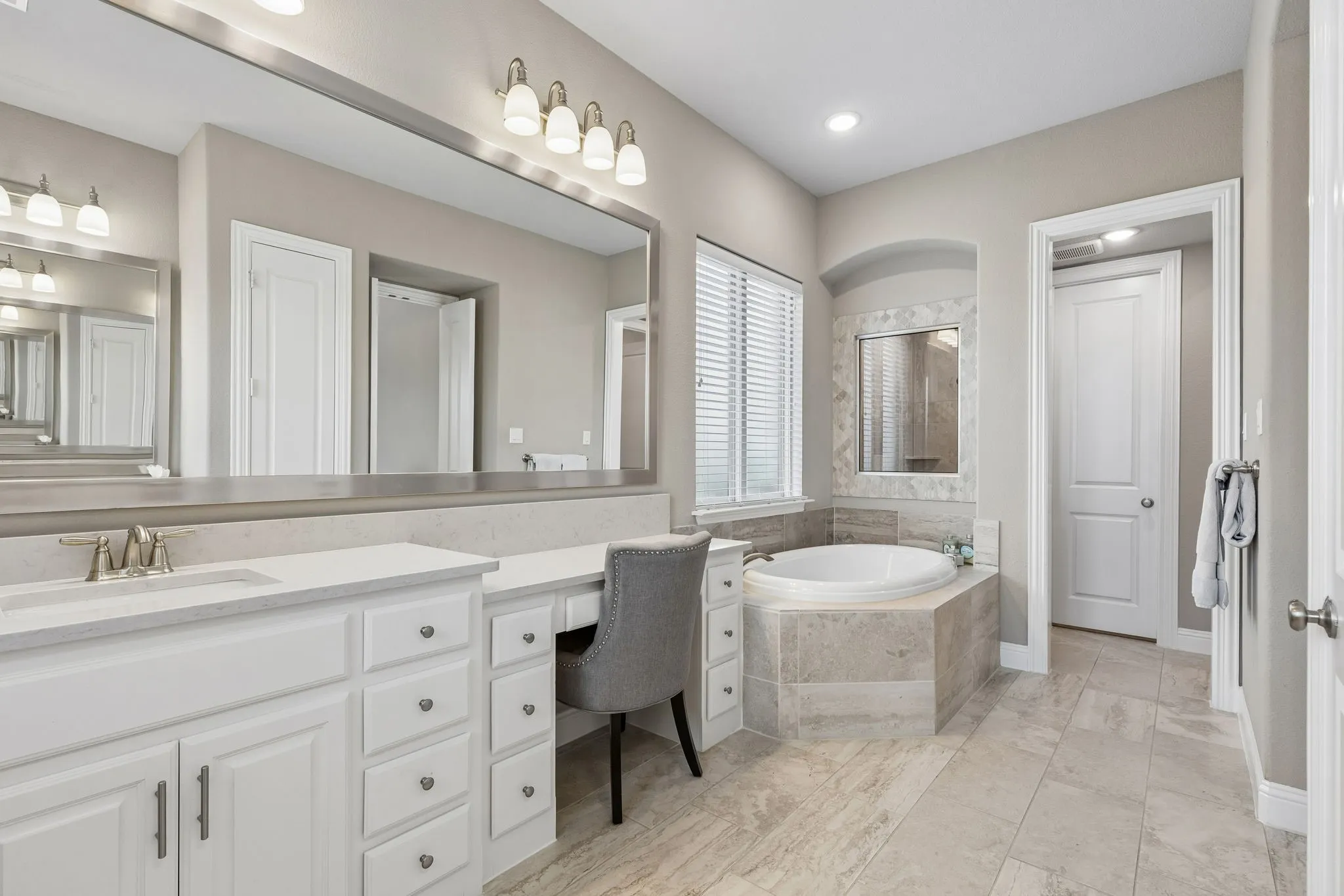 Primary Bath With Dual Vanities, Vanity Space, And Separate Shower