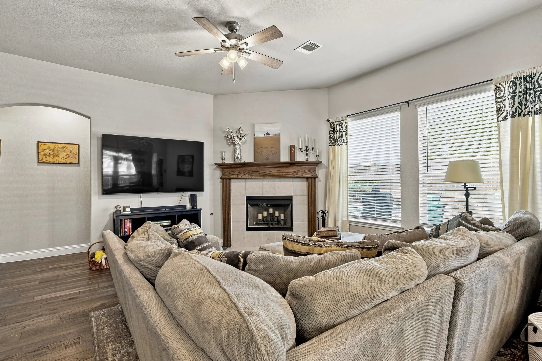 Cozy fireplace and view of the pool!