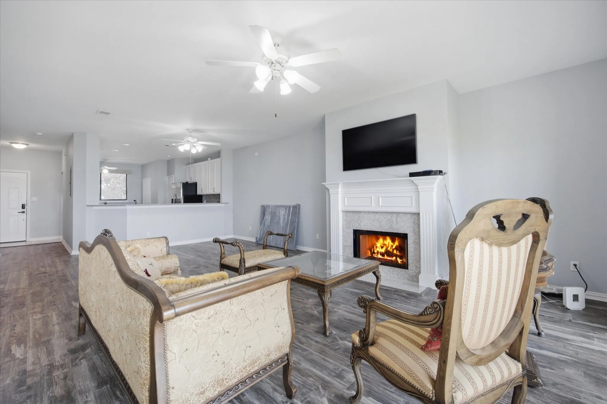 Family room opens onto dining area and kitchen