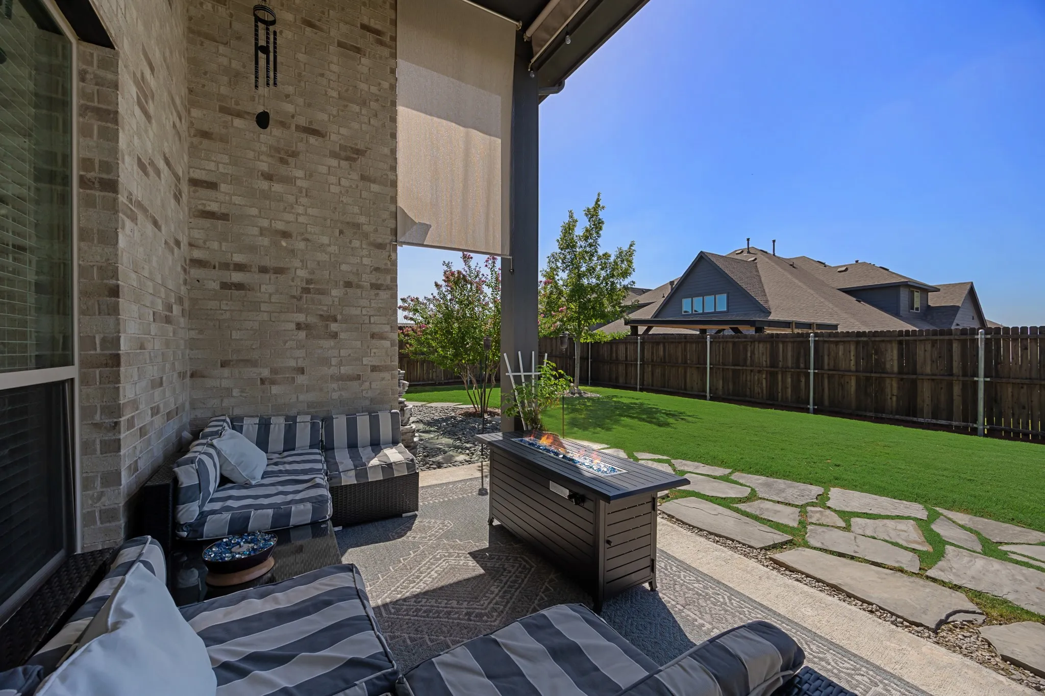 Covered patio with electric shades