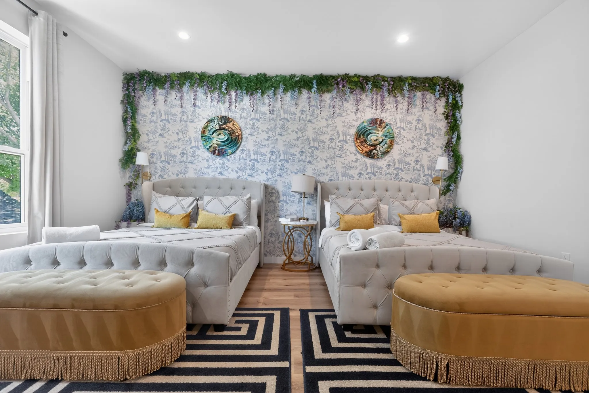 Dual tufted upholstered beds with tall headboards, decorative wall sconces, wood-finish flooring, and a window with white drapes