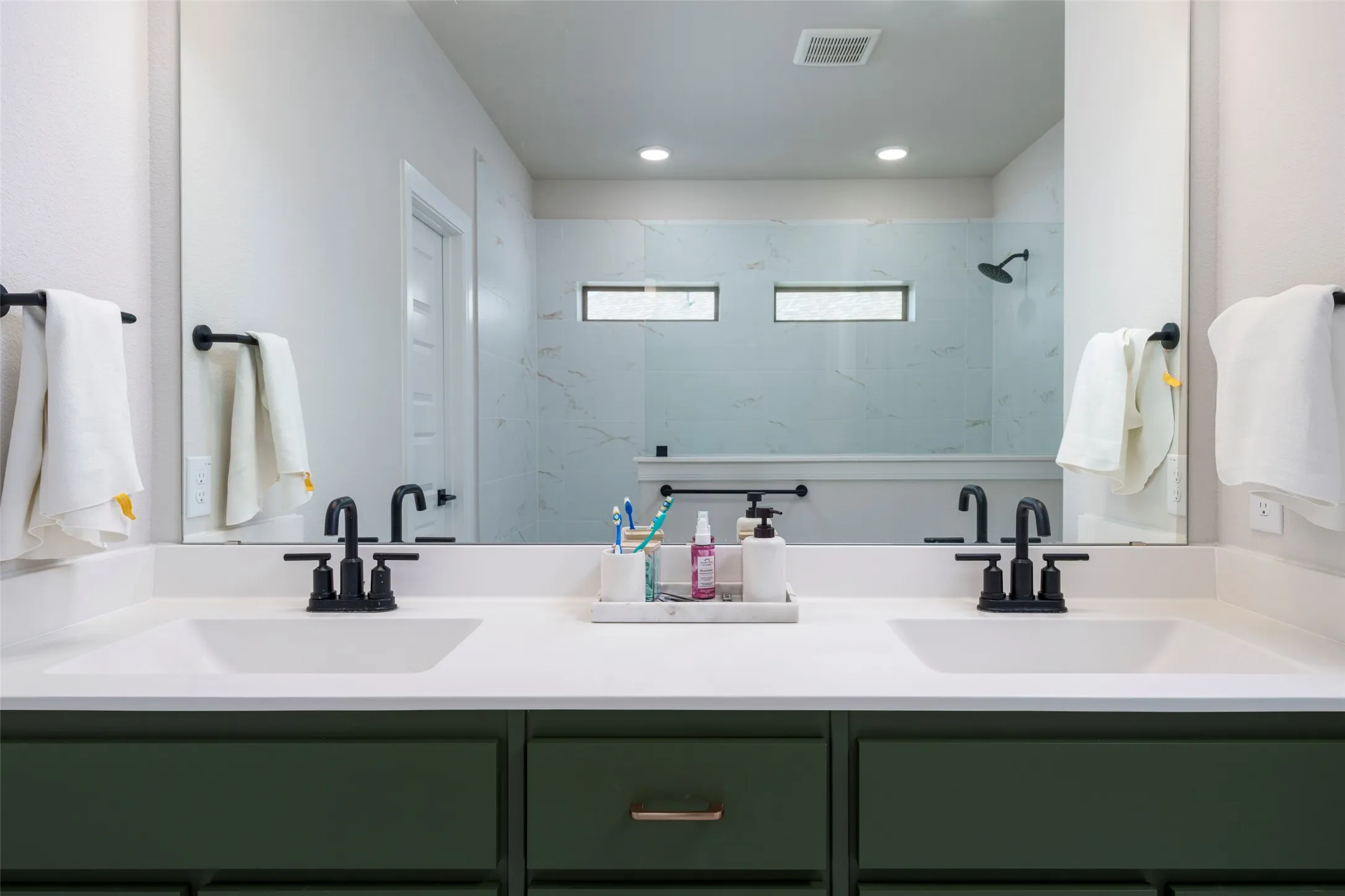 Two sinks in the vanity for everyone to get ready in the mornings.