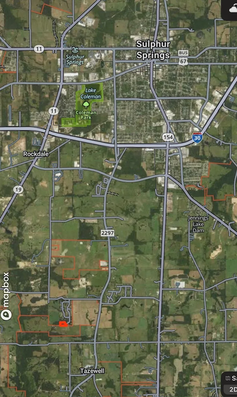 Map. Displaying an overhead view of Sulphur Springs, including Lake Coleman, Coleman Park, and surrounding roads and properties