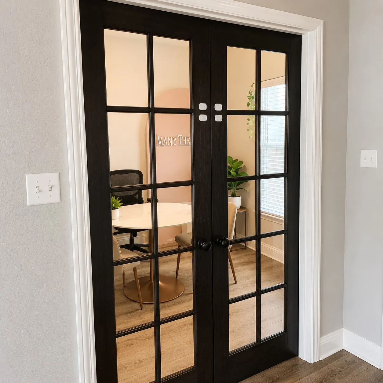 Dark-finish French doors with glass panels, light wood-finish flooring, and white trim