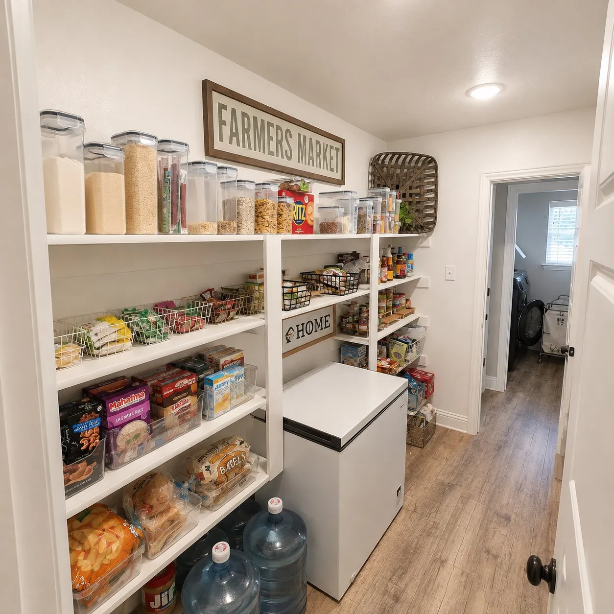 Integrated pantry shelving with wood-finish flooring and recessed lighting
