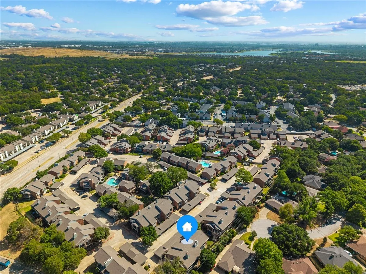 Aerial view of The Columbine, with Green Oaks Blvd extending from left side of photo.